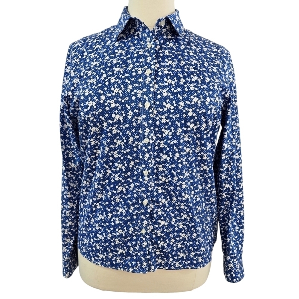 Land's End 100% Cotton No Iron Pinpoint Oxford Blue Floral Button-Up Shirt Ditsy